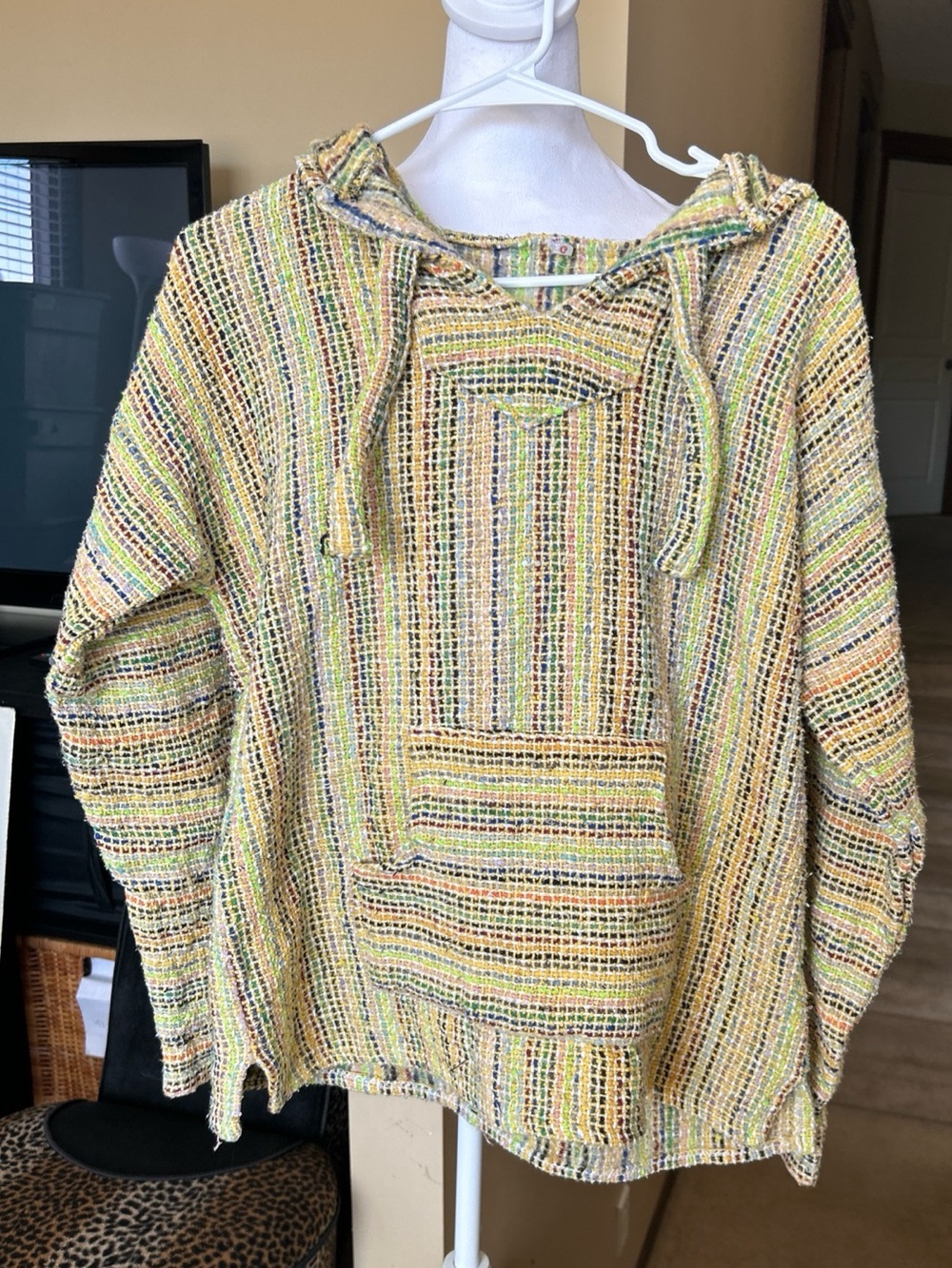 Yellow Multicolor Woven Baja Mexican Hippie Hoodie Sweater